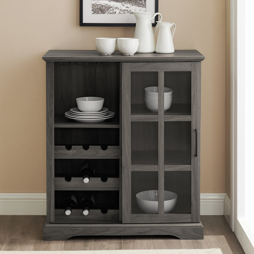 36" Sliding Glass Door Bar Cabinet, Slate Gray