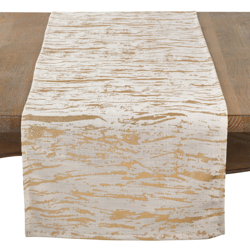 Distressed Foil Metallic Design Glam Cotton Table Runner, Gold, 16"x72"