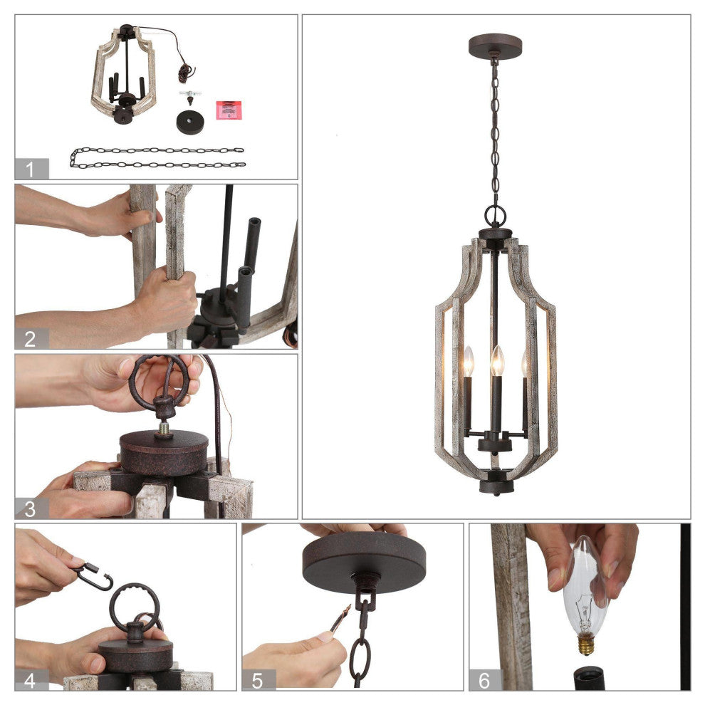 LNC Farmhouse Bronze 3-Light Lantern Wood Chandelier for Kitchan Island