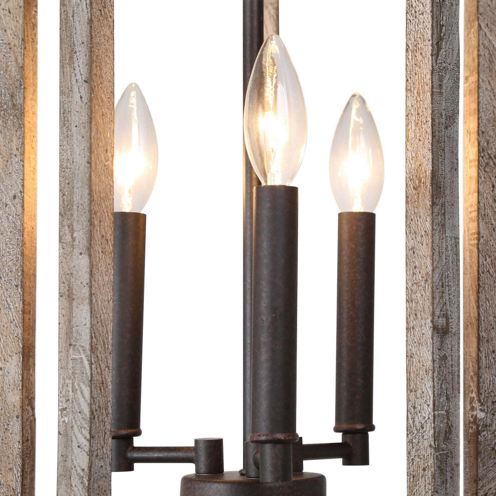 LNC Farmhouse Bronze 3-Light Lantern Wood Chandelier for Kitchan Island