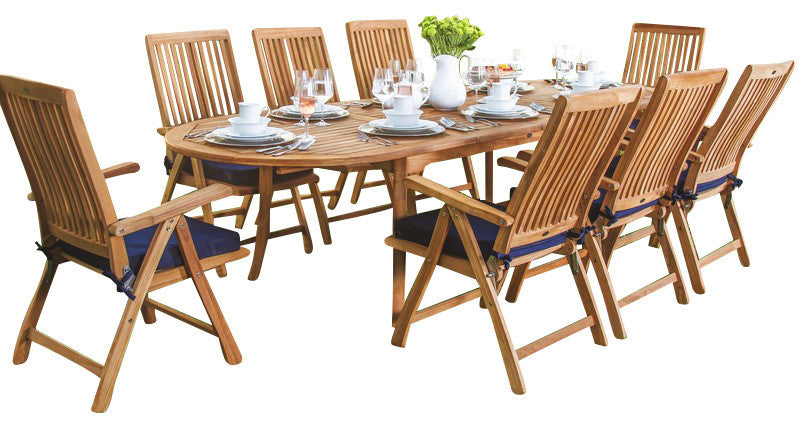 9-Piece Outdoor Teak Dining Set, 94" Extension Oval Table, 8 Marley Arm Chairs