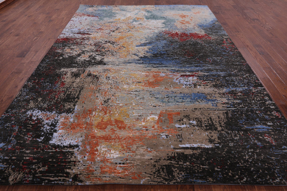 9' 1" X 12' 1" Wool and Silk Abstract Hand-Knotted Rug Q8868