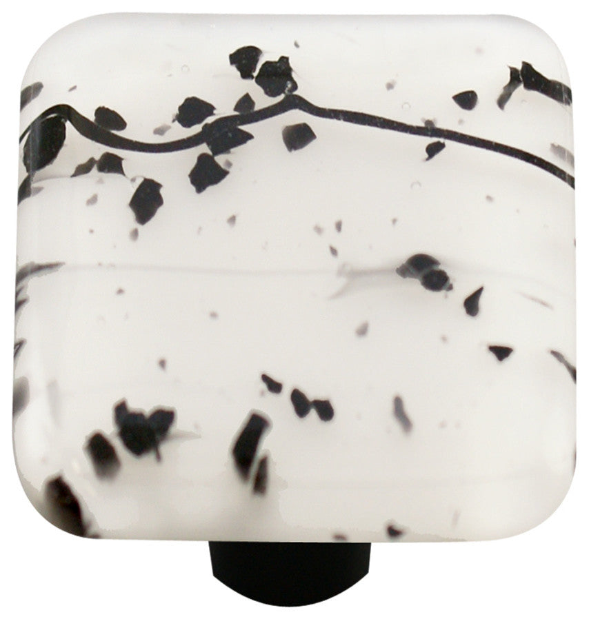 Art Glass Square Mardi Gras Knob, Black Post, Black Mg White