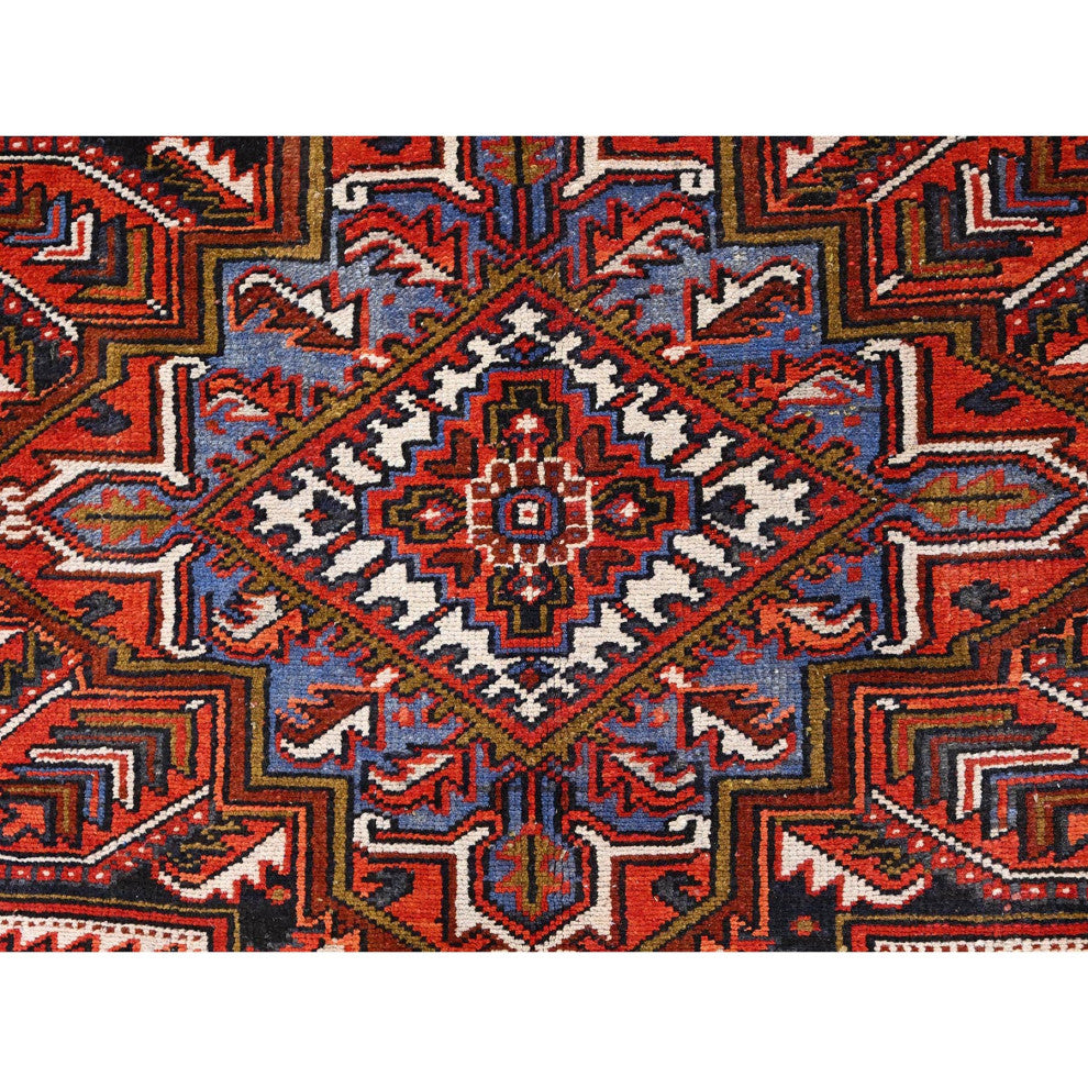 Crimson Red, Hand Knotted, Vintage Persian Heriz, Pure Wool Rug, 7'10"x11'