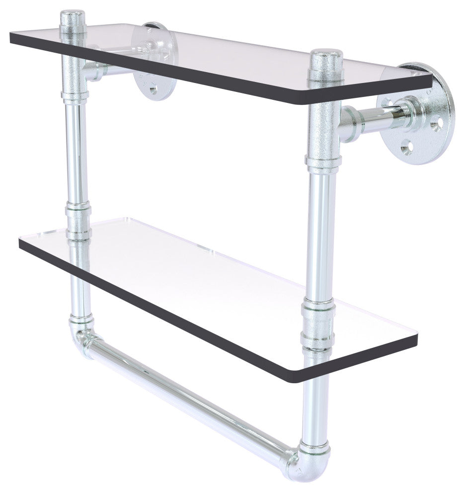 Pipeline Doulbe Glass Shelf with Towel Bar, Polished Chrome, 16"