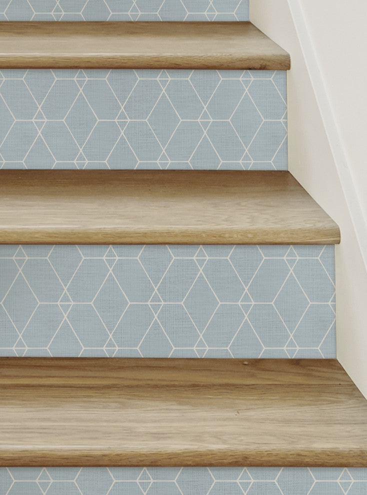 Hexagon Geometric Art Deco Lines Peel and Stick Stair Riser Strips, Light Blue, 48"w X 6"h, 6 Pack
