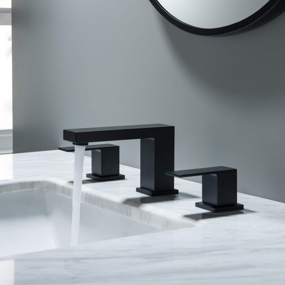 Cube 8" Widespread Bathroom Sink Faucet With Drain Assembly, Matte Black