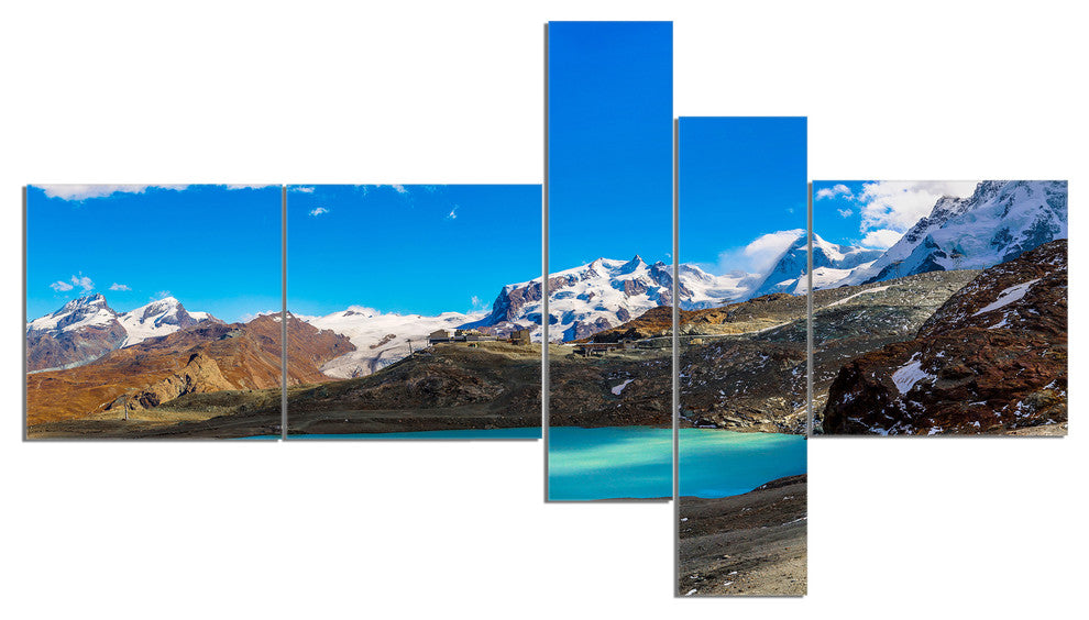 Alps Mountain Fountain, Photography Canvas Art Print, 60"x32", 5 panels