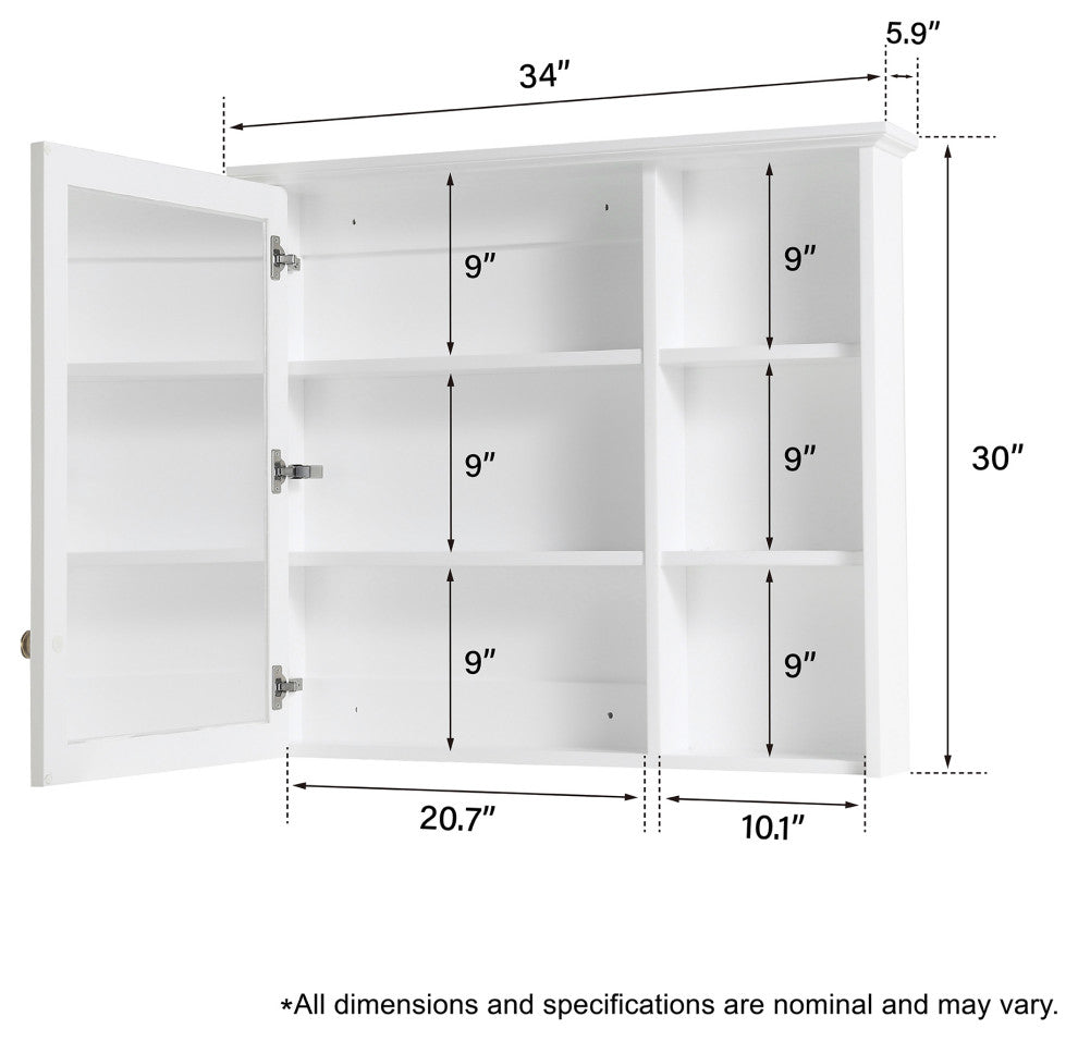 Solid Wood Bathroom Medicine Cabinet With Silver Coated Mirror, White, 34"x30"