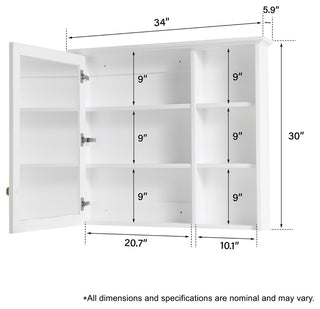 Solid Wood Bathroom Medicine Cabinet With Silver Coated Mirror, White, 34"x30"