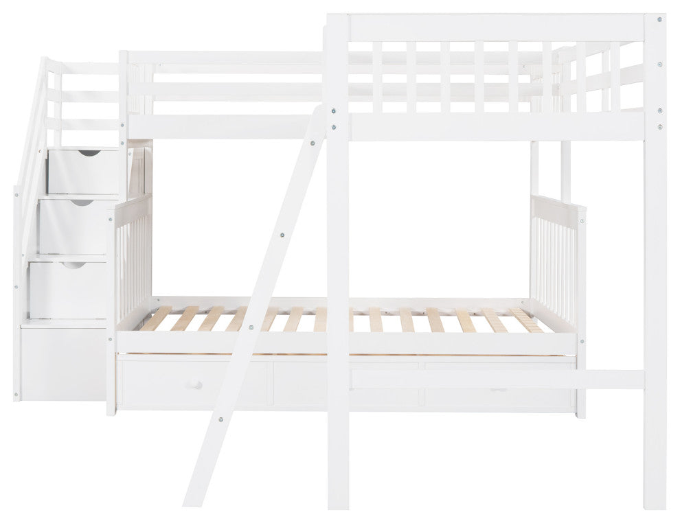 Gewnee Wood Twin over Full L-Shaped Bunk Bed With 3 Drawers in White