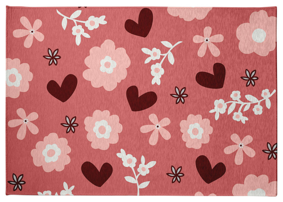 Flowery Love Valentines Chenille Rug, Pink, 5'x7'