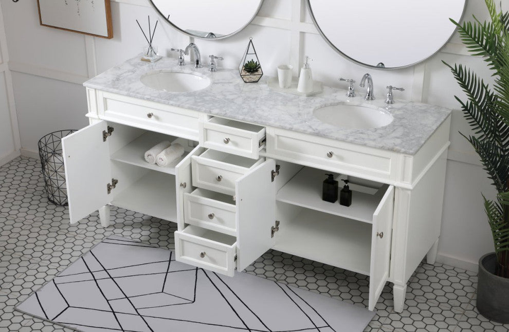 Home Living Vanity with Carrara White Marble Countertop, White, 72", Double Sink