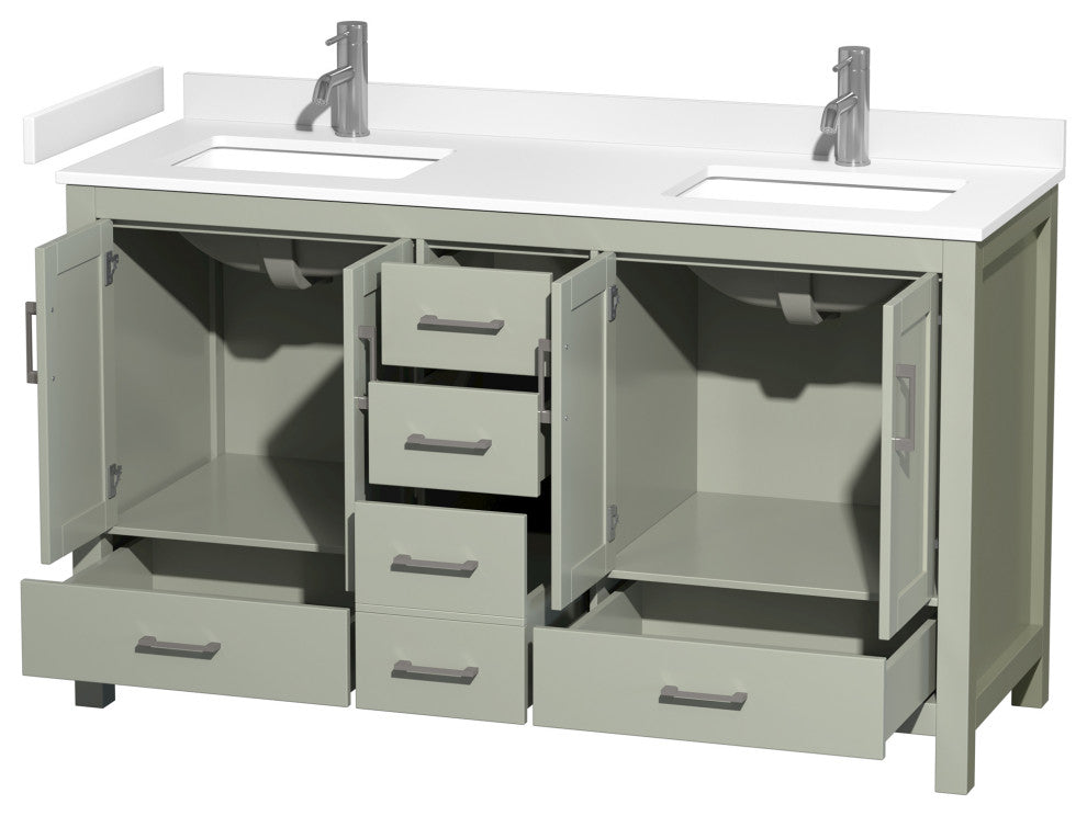 Sheffield 60" Light Green DBL Vanity, White Cult. Marble Top, Sq Sinks