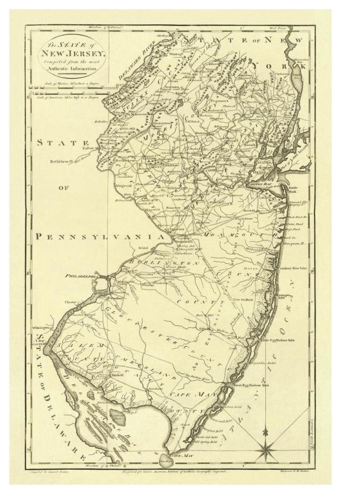 "State of New Jersey, 1795" Digital Paper Print by Mathew Carey, 22"x32"