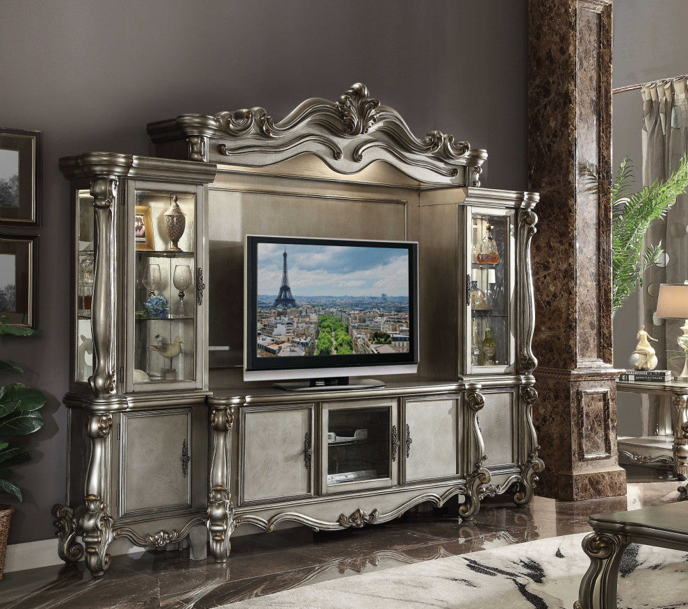 HomeRoots 21" X 74" X 31" Antique Platinum Wood Poly Resin Glass TV Console