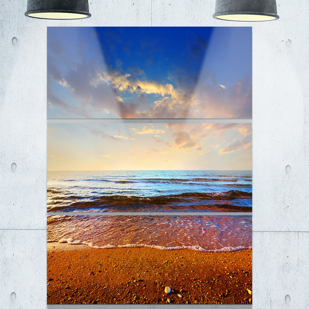 "Cloudy Skies With Vibrant Seashore" Beach Metal Wall Art, 3 Panels, 28"x36"