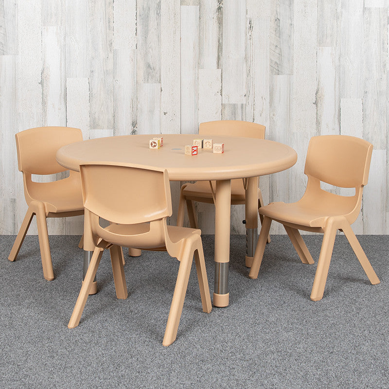 33" Round Plastic Height Adjustable Table Set With 4 Chairs, Natural