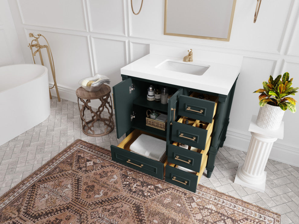 Aberdeen 36 Center Sink Bath Vanity in Dark Forest Green 2" Calacatta Gold