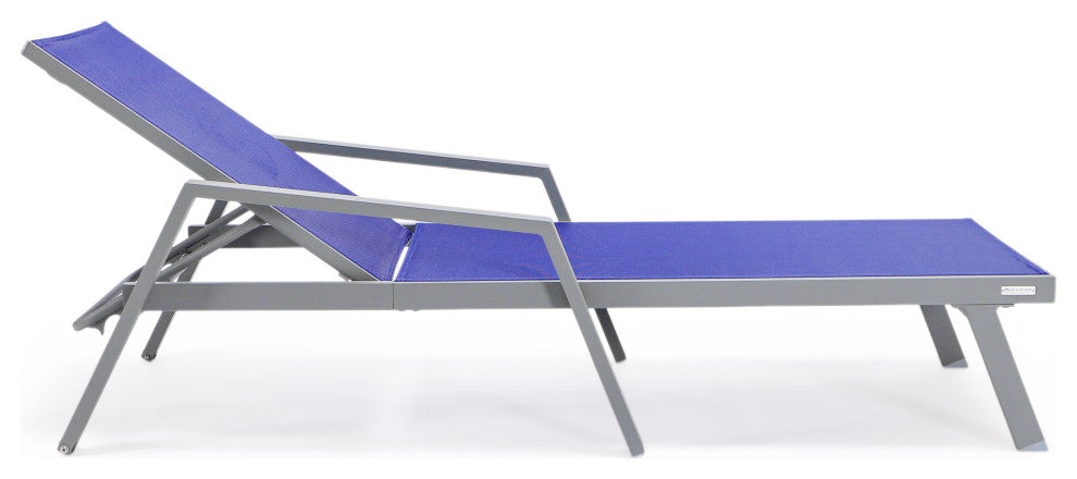 LeisureMod Marlin Chaise Lounge Chair With Arms and Fire Pit Table, Navy Blue