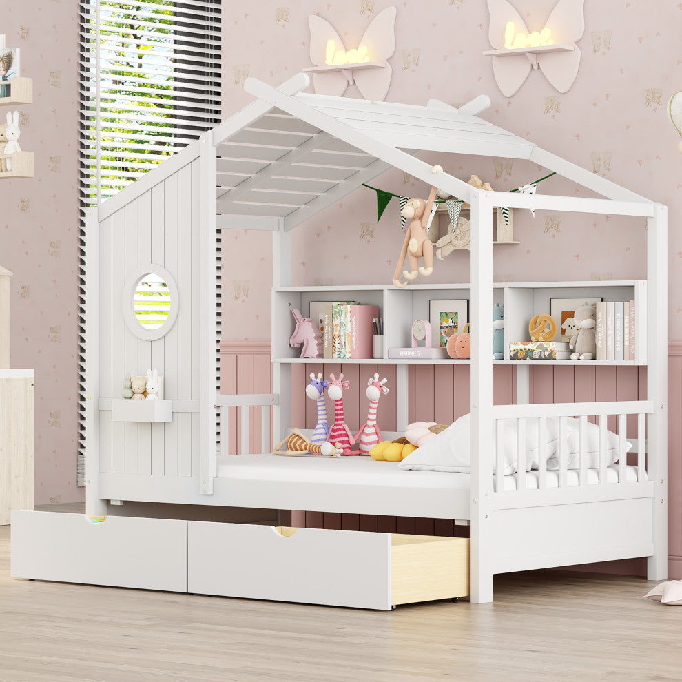 Gewnee  Wooden Twin Size House Bed with 2 Drawers