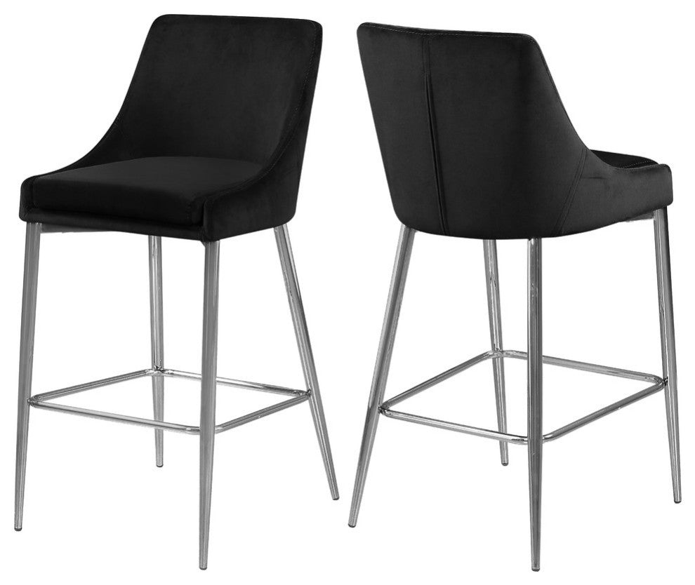 Karina Velvet Stool (Set of 2), Black, Chrome Base