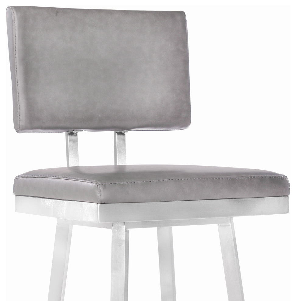 Callisto 30" Barstool, Brushed Stainless Steel and Gray Faux Leather
