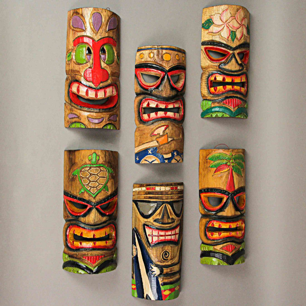 10 Piece Polynesian Party Hand Carved Island Style Wooden Tiki Masks 10 Inch