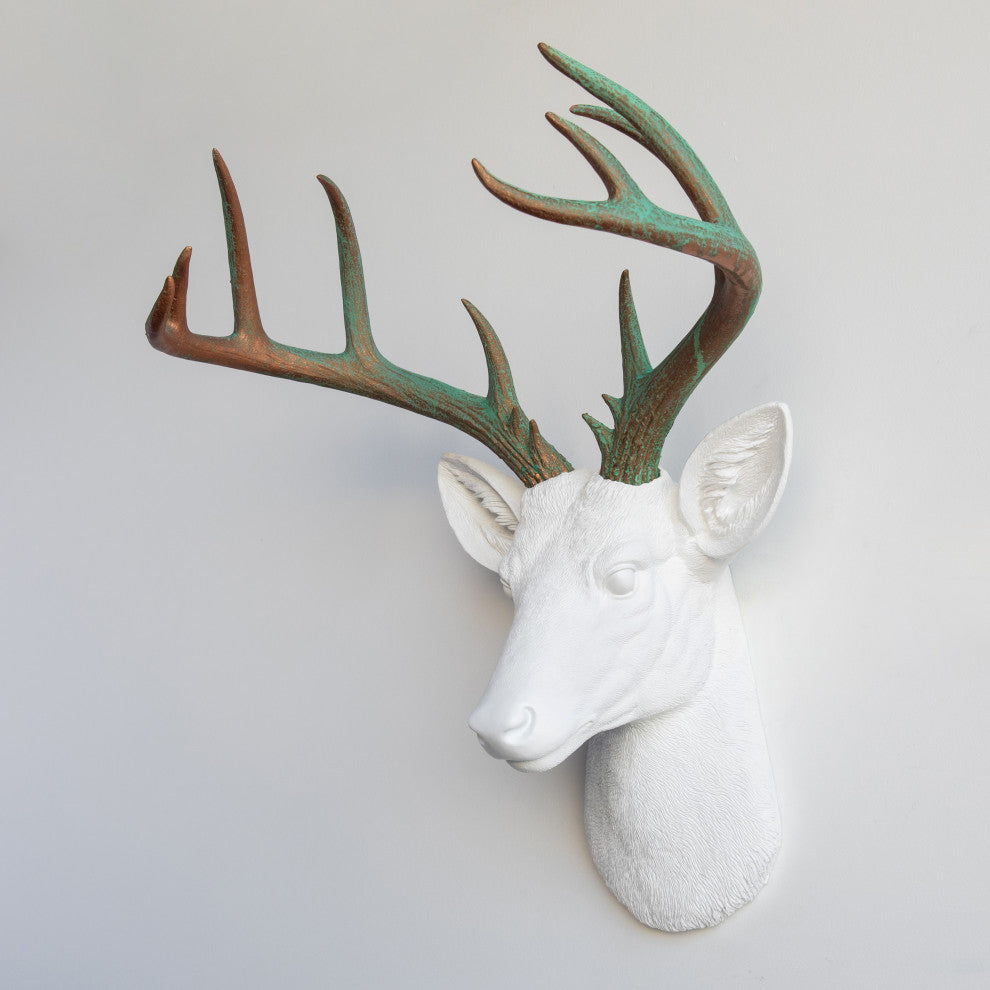 Faux Deer Head Wall Mount - 14 Point Stag Head Antlers, White and Green Patina