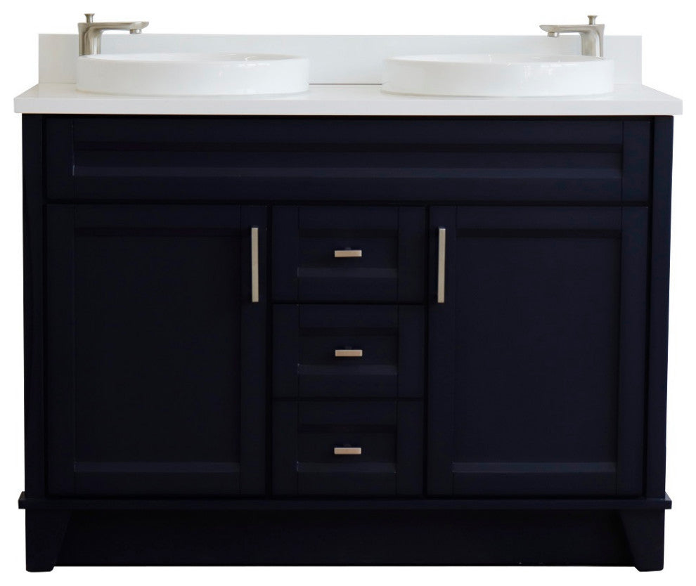 48" Double Sink Vanity, Blue Finish With Engineered Stone Top And Round Sink