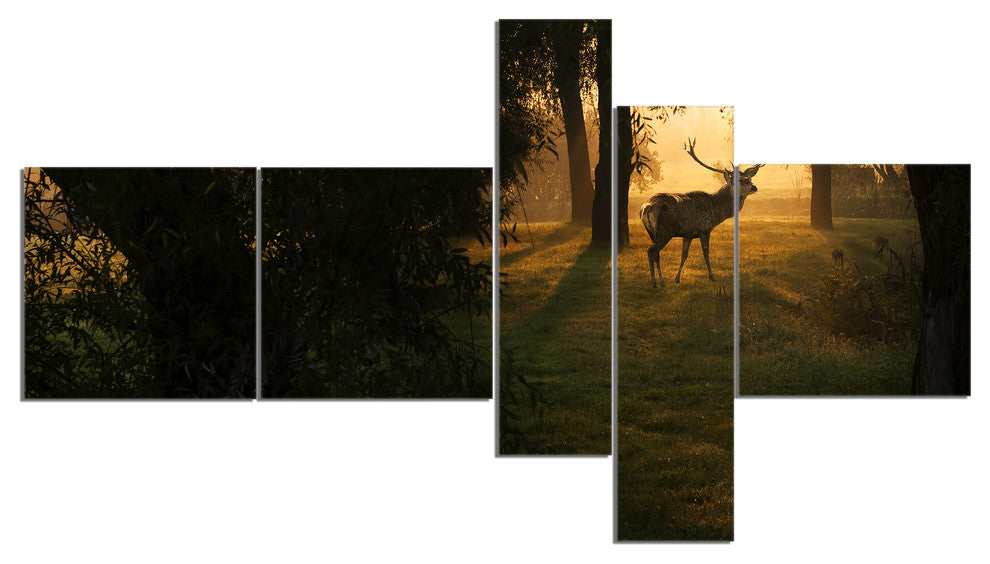 Deer In Sunset In Deep Forest, Forest Canvas Art Print, 60"x32", 5 panels
