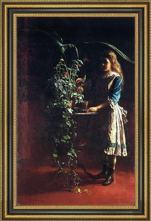 Eastman Johnson Watering Flowers  Framed Premium Canvas Print, 18"x27"