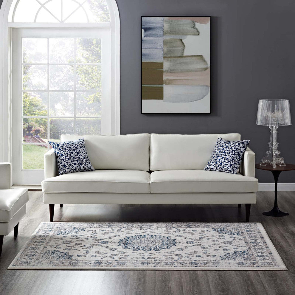 Ivory and Moroccan Blue Lilja Distressed Vintage Persian Medallion 5x8 Area Rug