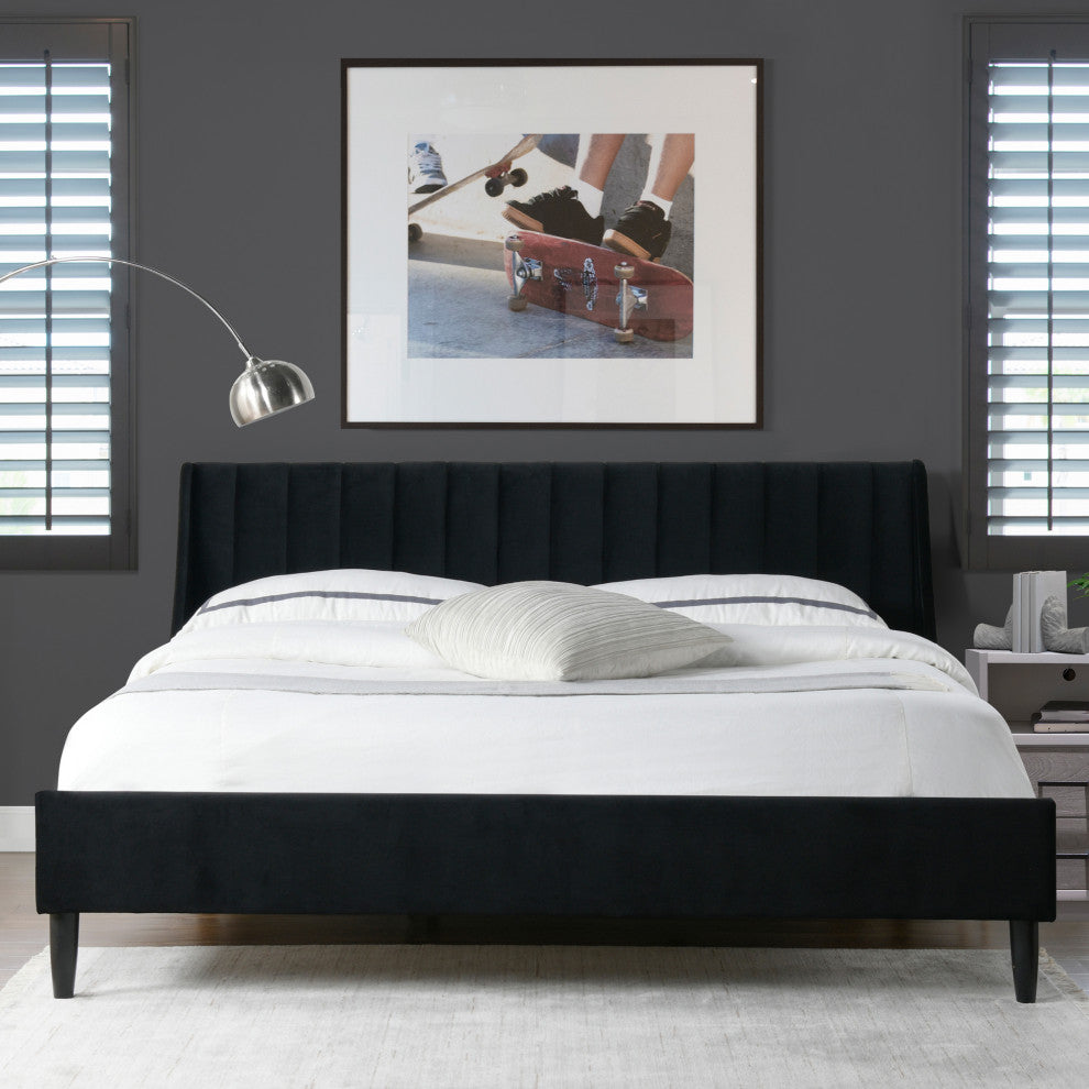 Aspen Modern Vertical Tufted Platform Bed, Anthracite Black Velvet, King