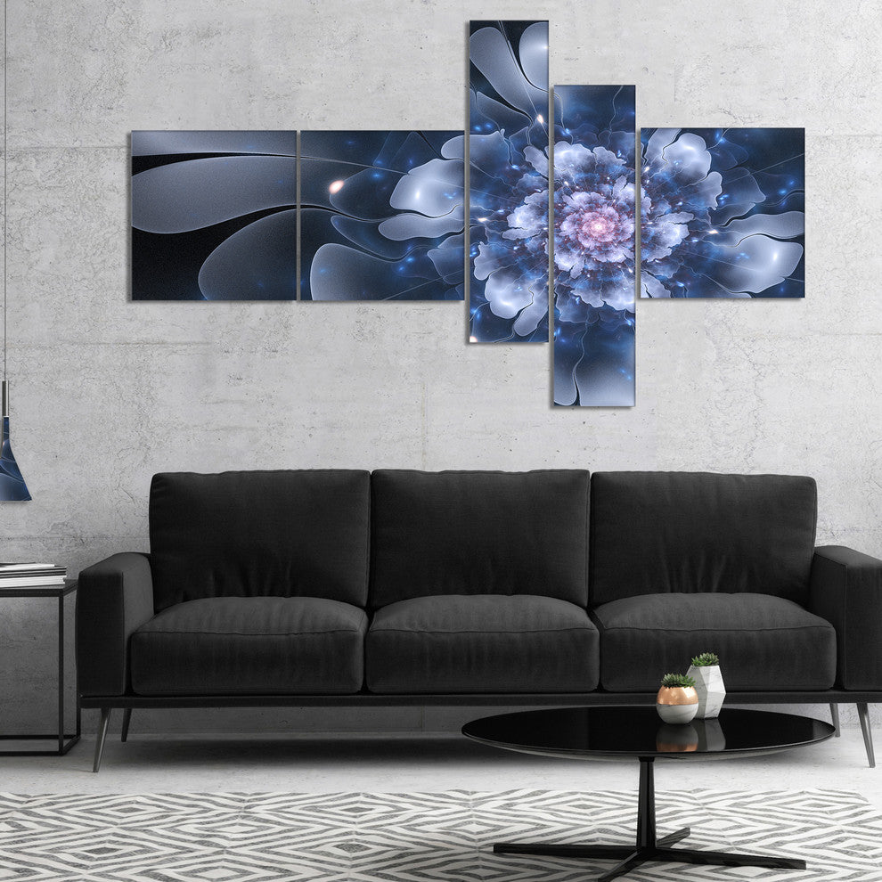 Fractal Flower Light Blue Petals, Floral Art Canvas Print, 60"x32", 5 panels