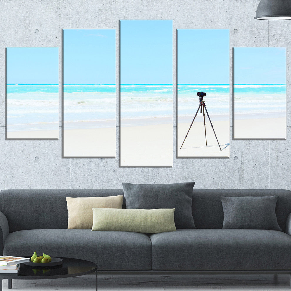 "Digital Camera And Tripod On Beach" Landscape Wall Art Print, 5 Panels, 60"x32"