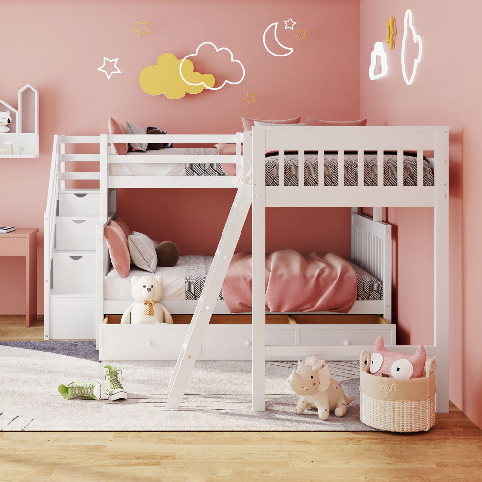 Gewnee Wood Twin over Full L-Shaped Bunk Bed With 3 Drawers in White