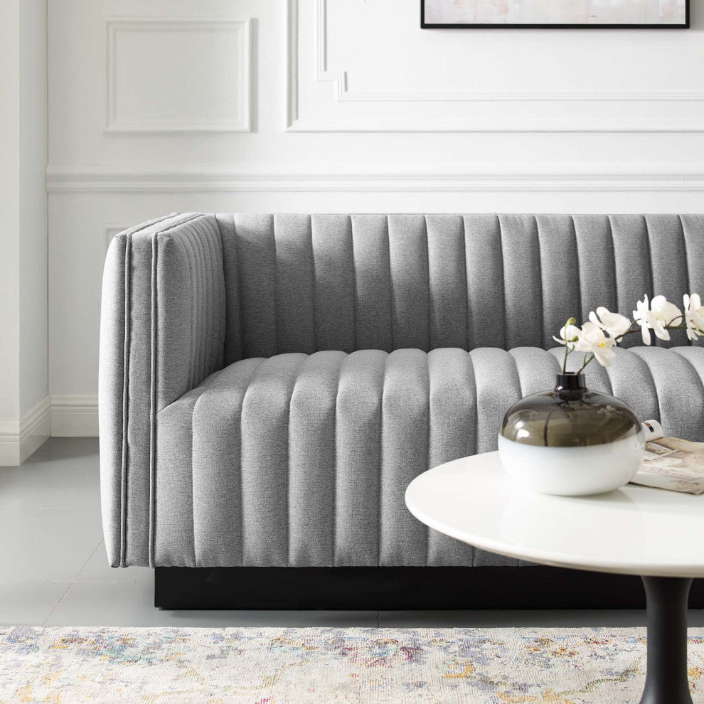 Tufted Sofa, Fabric, Gray, Modern, Living Lounge Hotel Lobby Hospitality