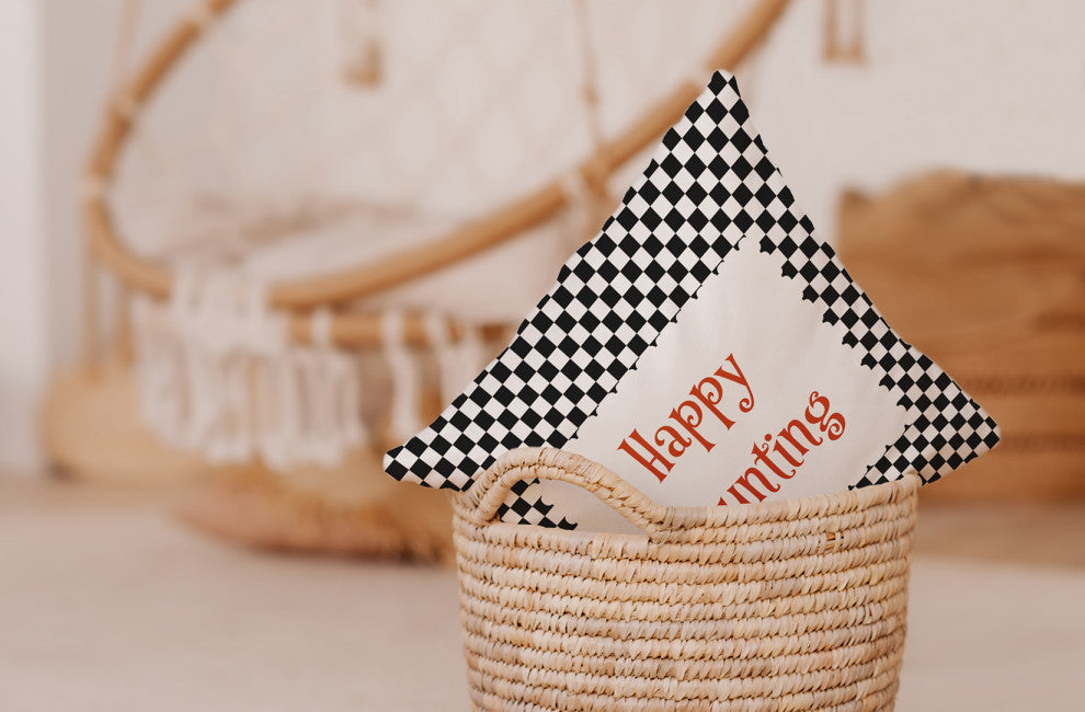 Happy Haunting Checks Indoor/Outdoor Throw Pillow, Black, 18"x18"