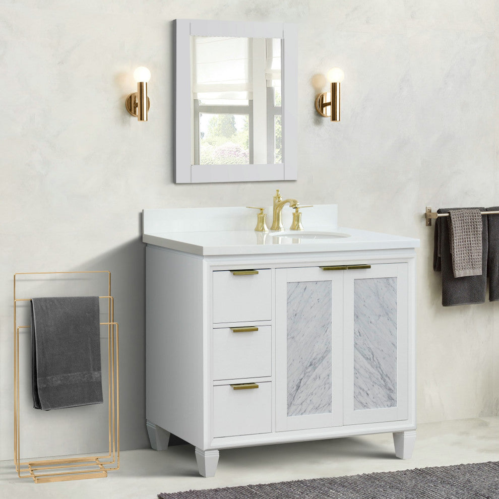 43" Single Vanity, White Finish With White Engineered Stone Top