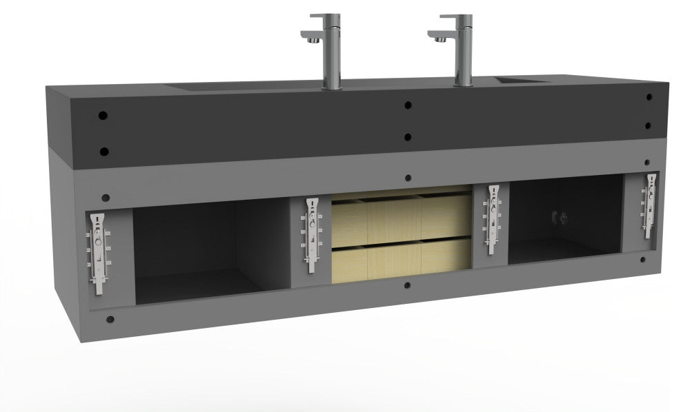 CastelloUSA Nile 60" Wall Mounted Vanity Set, Gray, Black Top, Chrome Handles