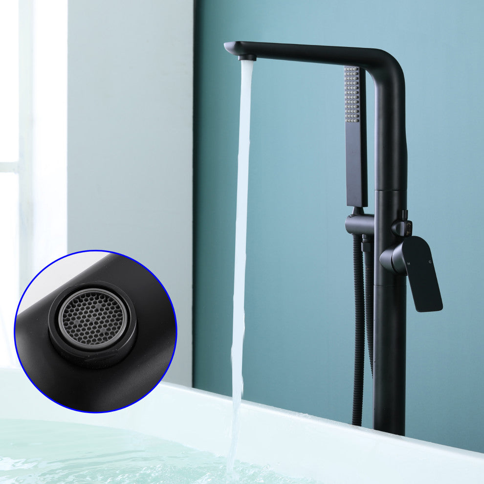 Wellfor Freestanding Faucet, Swivel Spout and Handheld Shower, 2 Handles, Matte Black