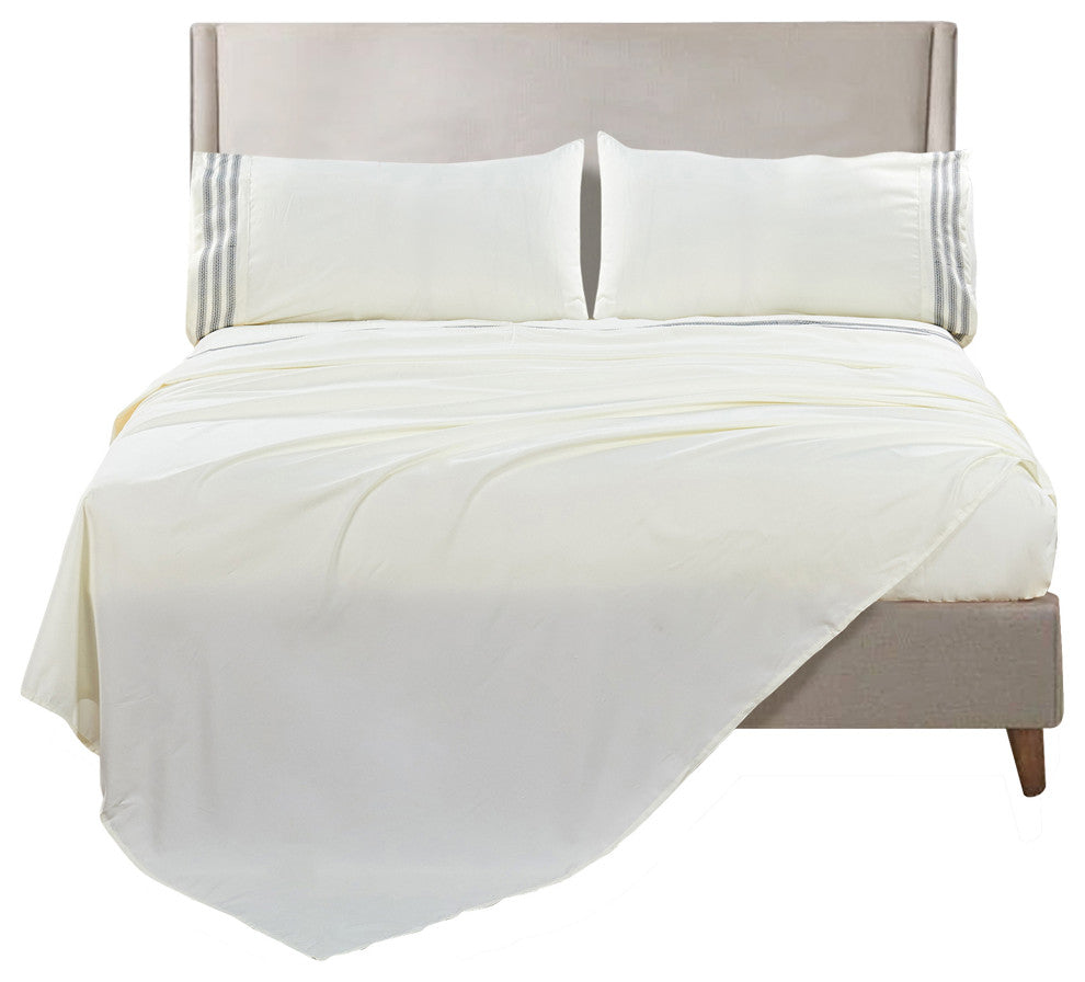 Serenta Trois Embroidered 4 Piece Bed Sheet Set, Ivory, Twin