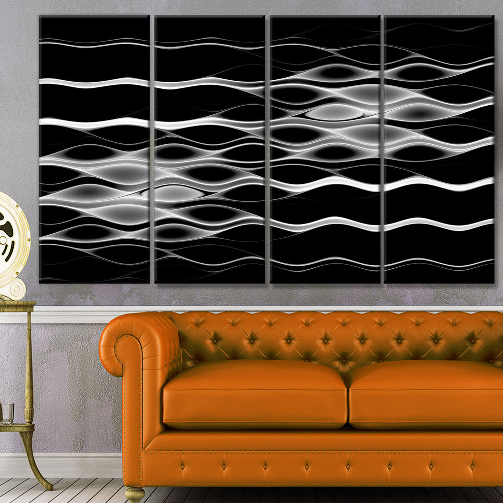 White Waves Fractal Pattern, Abstract Wall Art Canvas, 48"x28", 4 Panels