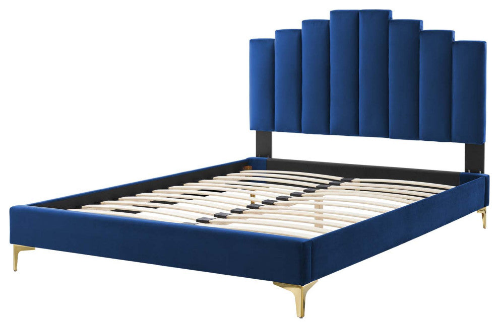 Platform Bed Frame, Full Size, Velvet, Blue Navy, Modern Contemporary, Bedroom
