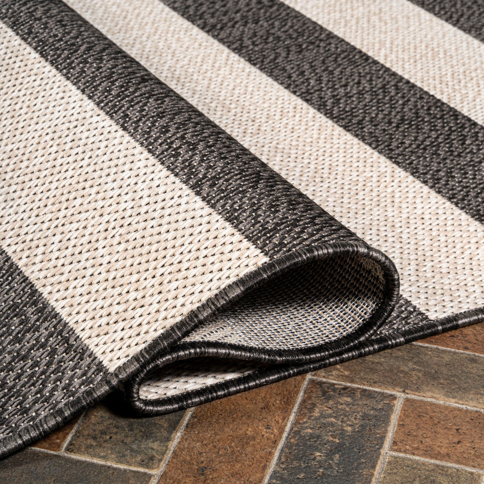 Negril Two-Tone Wide Stripe Indoor/Outdoor Area Rug, Black/Beige, 8x10