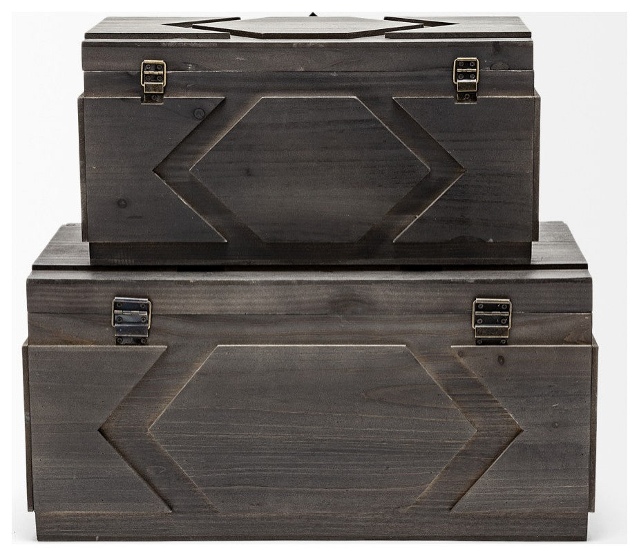 Set of Two Brown Detailed Wooden Boxes