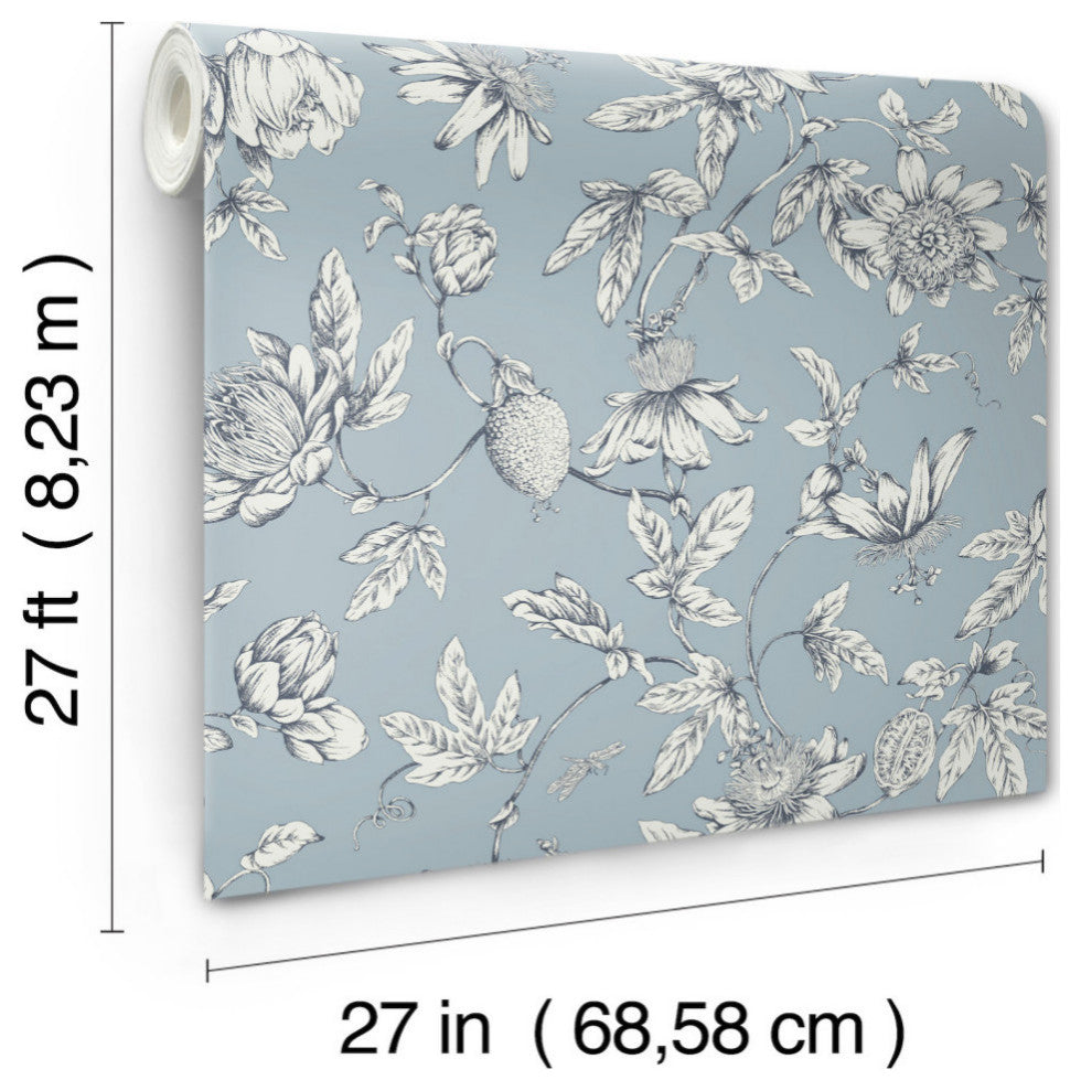 Passion Flower Toile Sky Blue Wallpaper