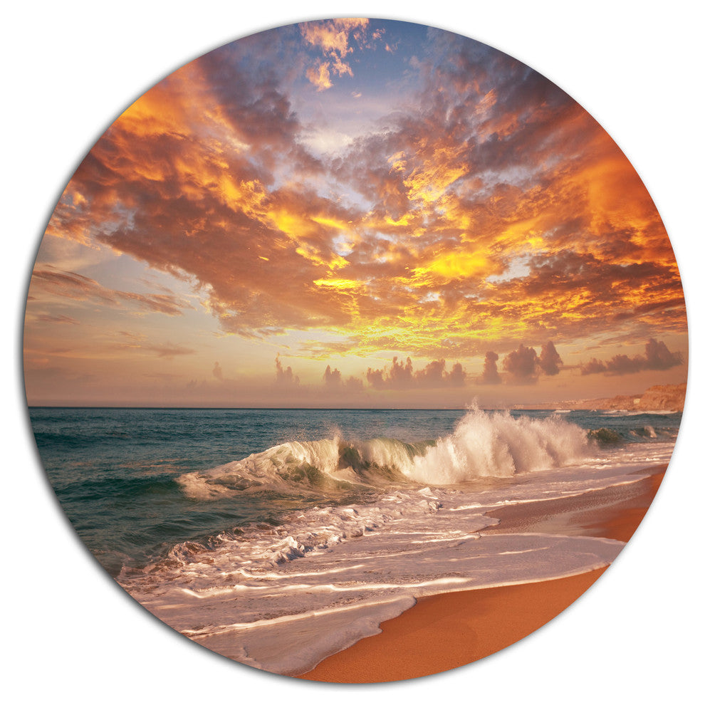 Waves Under Colorful Clouds, Seashore Round Metal Wall Art, 23"