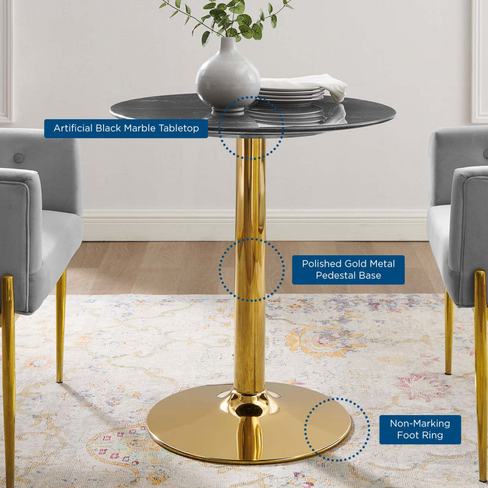 28" Dining Table, Round, Black Gold, Artificial Marble, Modern, Mid Century